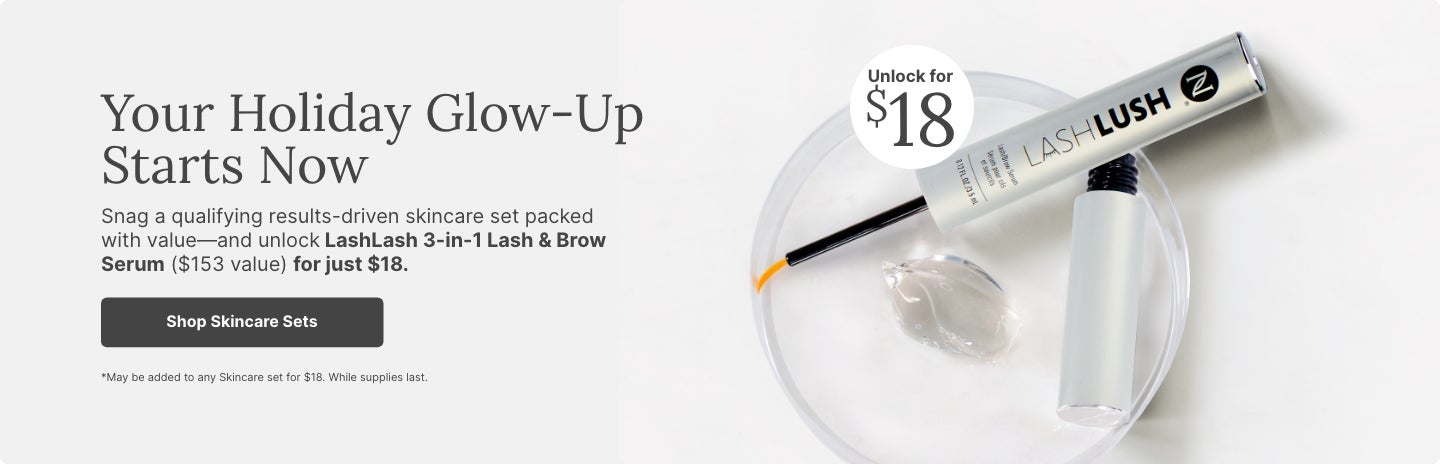 Holiday skincare promotion featuring LashLash 3-in-1 Lash & Brow Serum on a clear dish with gel, highlighting limited-time $15 offer ($114 value) when purchased with qualifying skincare sets.